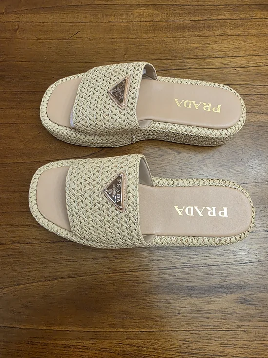 Prada Beige Woven Slide Sandals  (New) - Picture 2 of 10